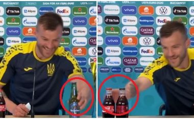“Më kontaktoni”, Yarmolenko tallet me Ronaldon dhe Pogban duke reklamuar shishet e pijeve Coca-Cola dhe Heineken në konferencë shtypi