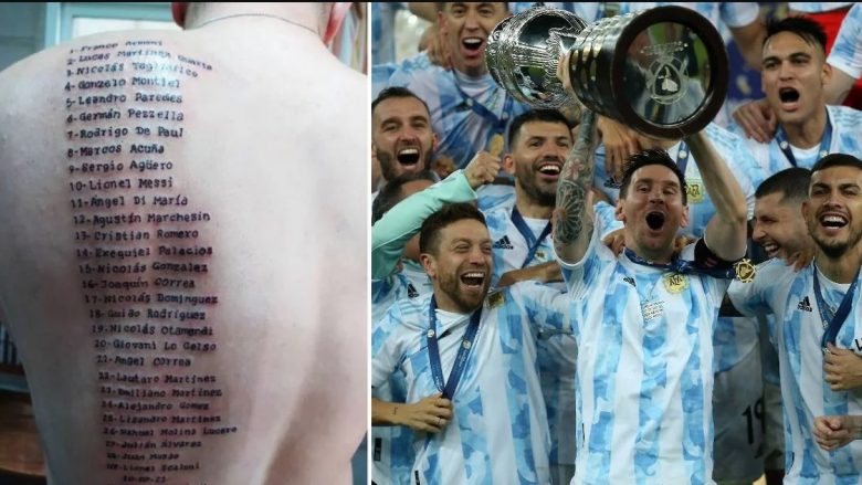 Tifozi i ‘çmendur’ i Argjentinës bën tatuazh të gjithë emrat e lojtarëve që ishin pjesën në triumfin e Copa America