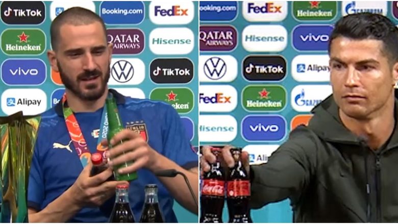 Fituesit i ka hije të bëjë çfarë të dojë, Bonucci thumbon Ronaldon duke pirë birrë dhe Cola-Cola pas finales