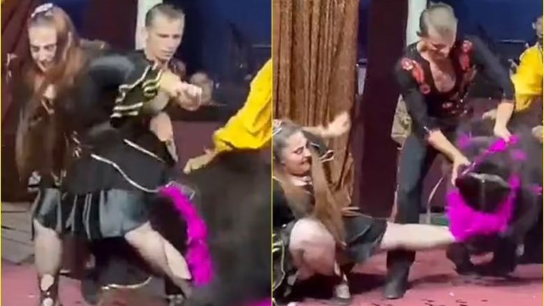 Ariu i veshur me kapelë dhe shall sulmon një trajnere para fëmijëve të tmerruar në një cirk në Rusi