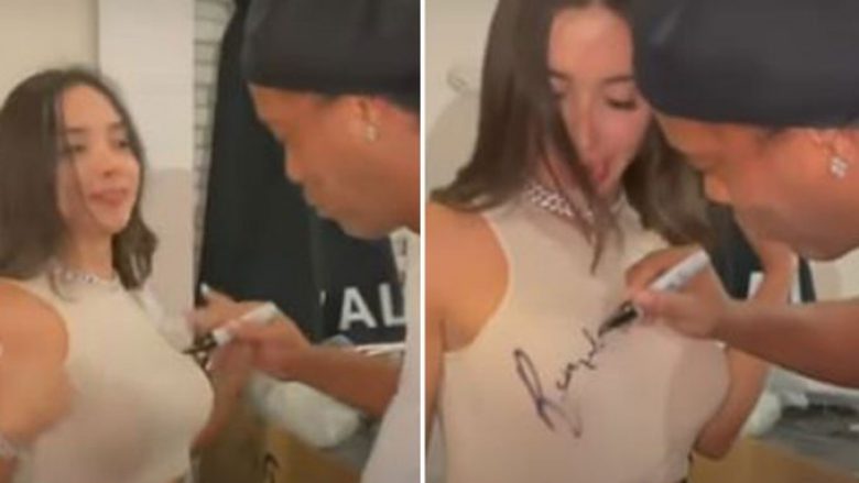 Ronaldinho vuri autografin mbi gjoksin e një fanseje