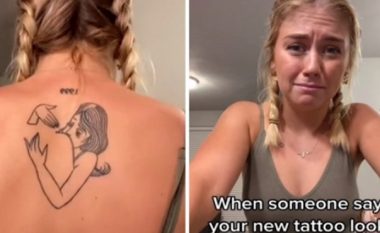 Ajo donte një tatuazh të engjëllit të saj mbrojtës që e përqafonte, tani i gjithë interneti po qesh me të