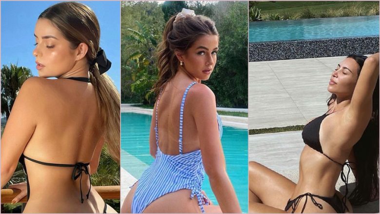 Trendi i ri në Instagram: Poza pranë pishinës, fokusi pjesën e pasme të trupit me bikini me pak material