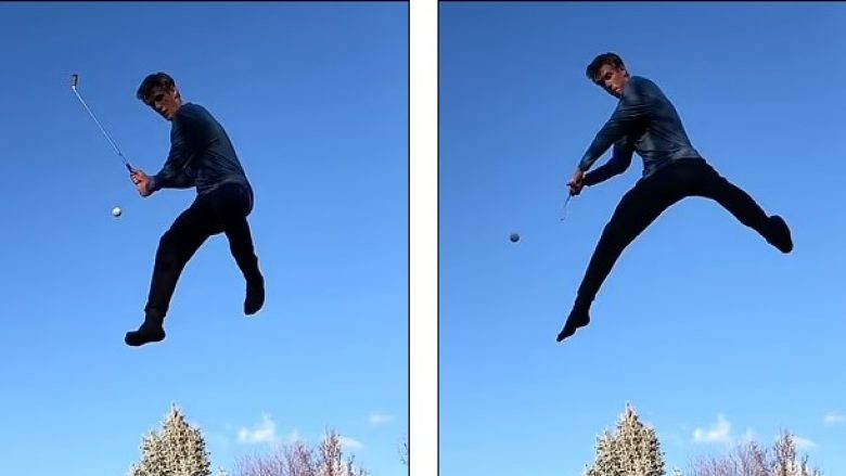 Kërcen në trampolinë, amerikani sa ishte në ajër e godet me shkop golfi topin – precizitet i paparë