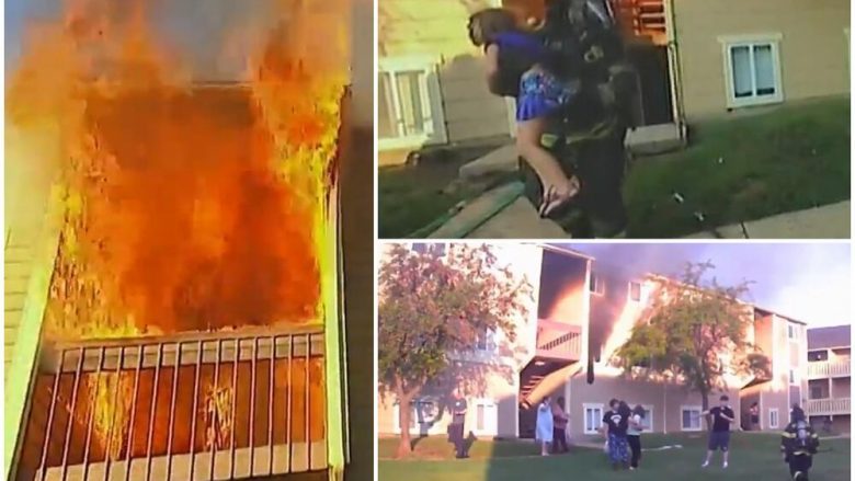 Zjarri befasoi një familje në Kansas, kamera e zjarrfikësit filmoi momentin dramatik të shpëtimit të vajzës së vogël