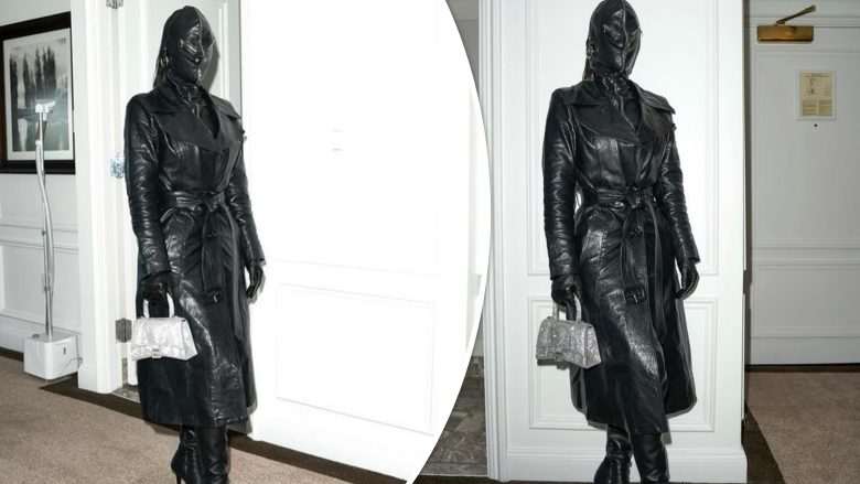 Me fytyrë të mbuluar e veshje lëkure, Kim Kardashian me stil të çuditshëm teksa arriti në New York përpara “Met Gala 2021”