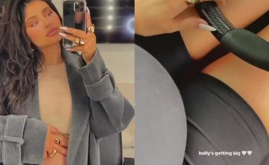 Kylie Jenner shfaq barkun e rrumbullakosur e veshur me një pallto ngjyrë hiri