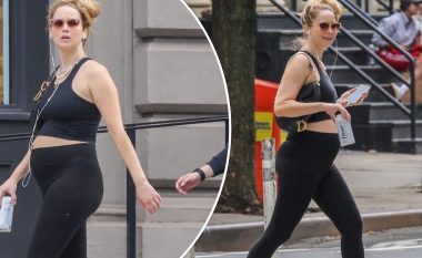 Jennifer Lawrence tregon stomakun e fryrë me veshje të ngushtë në New York
