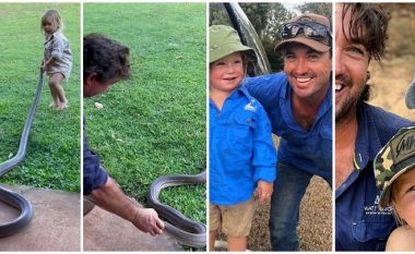 Gjuetari australian i krokodilëve, mëson të birin dyvjeçar sesi duhet kapur një gjarpër gjigant
