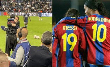 Momenti i bukur i futbollit – Messi dhe Ronaldinho përqafohen në fushë para ndeshjes PSG-Leipzig