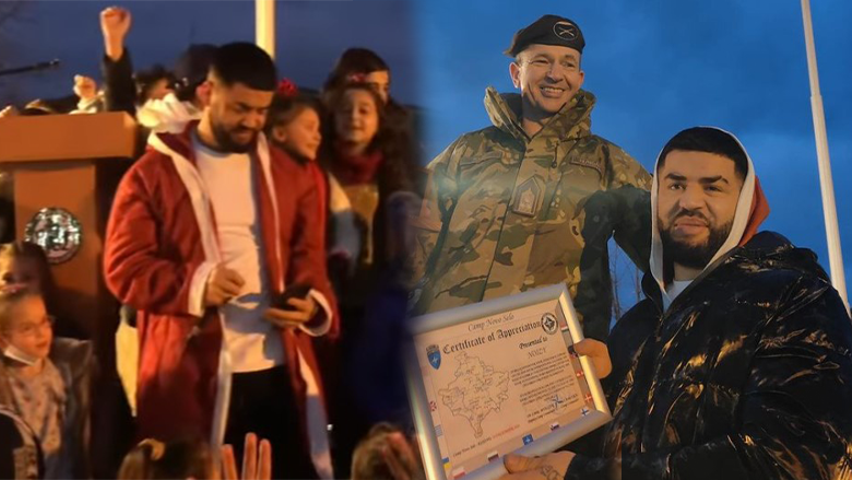 Noizy vishet si babadimër dhe gëzon fëmijët në Kampin e KFOR-it në Vushtri