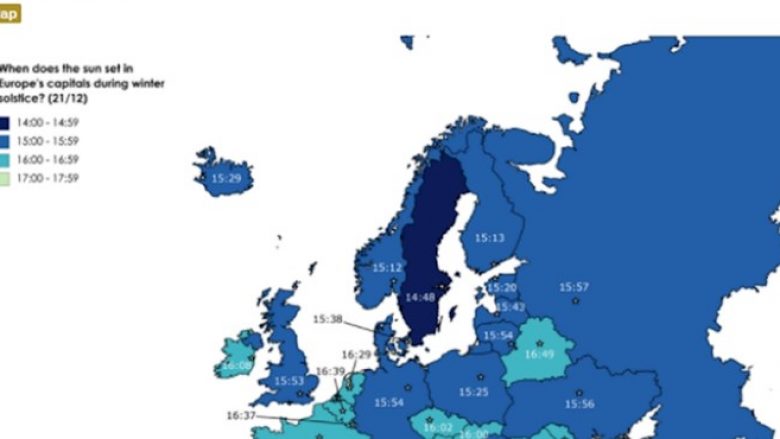 Harta tregon kohën kur errësohet në vende të ndryshme evropiane, dallimet janë të mëdha