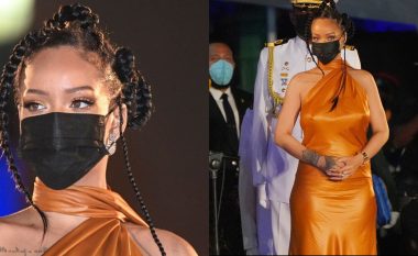 Rihanna vishet me fustan portokalli teksa nderohet me titullin “hero i kombit” në Barbados