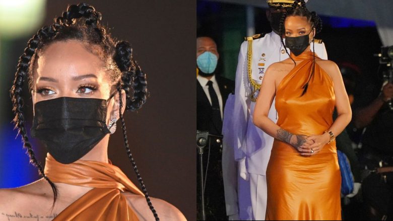 Rihanna vishet me fustan portokalli teksa nderohet me titullin “hero i kombit” në Barbados