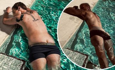 Në tentim për të imituar fotografinë e pacipë të David Bekchamit, James Argent pozon gati i zhveshur në pishinë pas dobësimit drastik