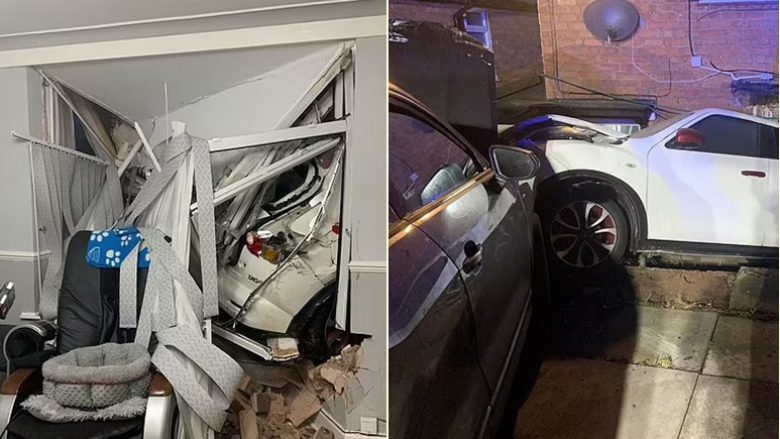 Pronarët e një shtëpie në Angli mbetën ‘të shtangur’ ndërsa një shofer u përplas me makinën e tyre të parkuar – të cilën e futi drejt e në dhomën e ndenjes