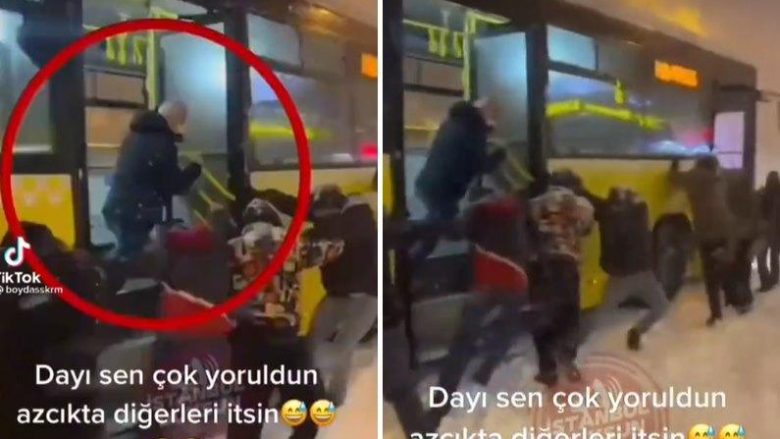 Moment qesharak në Turqi – të tjerët nga jashtë, një person mundohej ta shtynte autobusin nga brenda