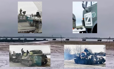 Qindra tanke e autoblinda ruse shihen përgjatë kufirit me Ukrainën, bie në sy shkronja “Z” në secilin mjet të blinduar