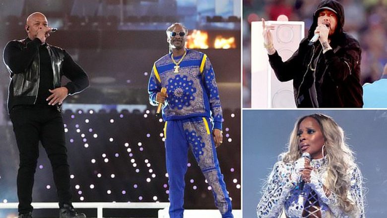 Shfaqje e jashtëzakonshme në ‘Super Bowl’ – Dr. Dre, Eminem, Mary J Blige, Snoop Dogg dhe 50 Cent ndezin skenën me hitet e tyre