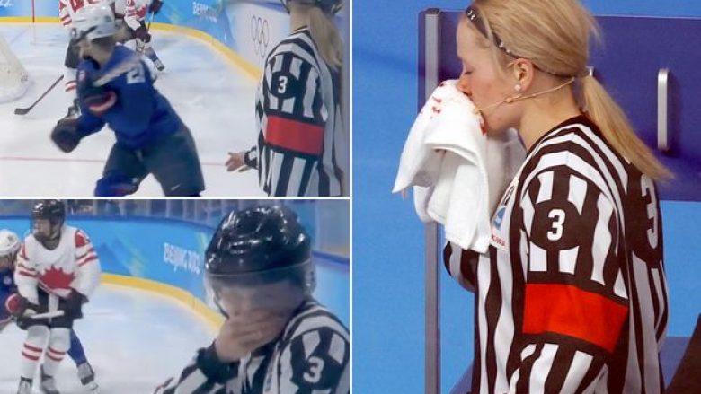 Gjyqtarja e hokejit mbi akull mbeti e mbuluar në gjak pasi u godit me shkop në fytyrë në duelin mes Kanadasë dhe ShBA-së