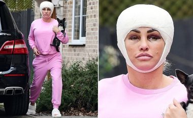 E quan veten "veterane të kirurgjisë plastike", modelja Katie Price fotografohet duke dalë nga spitali me fashë në kokë dhe sy të nxirë