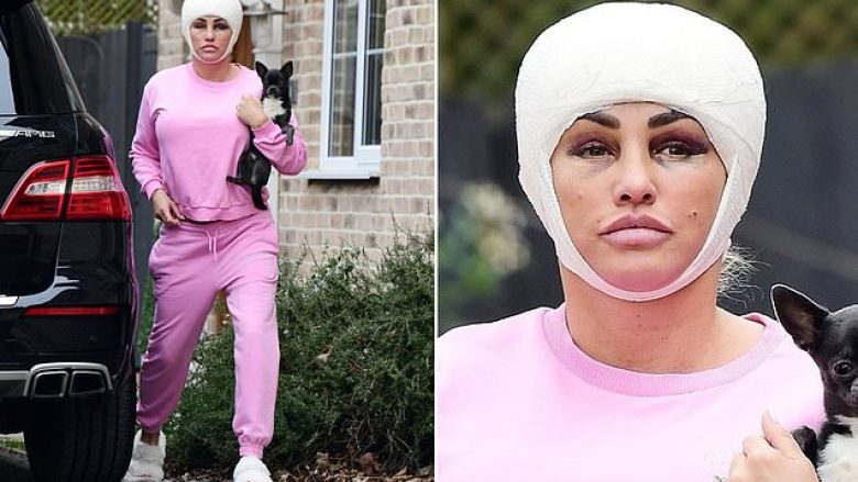 E quan veten “veterane të kirurgjisë plastike”, modelja Katie Price fotografohet duke dalë nga spitali me fashë në kokë dhe sy të nxirë