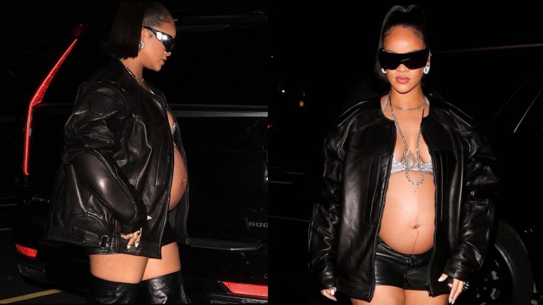 Rihanna shfaq barkun e rrumbullakosur e veshur me minifund lëkure dhe sytjena kristali