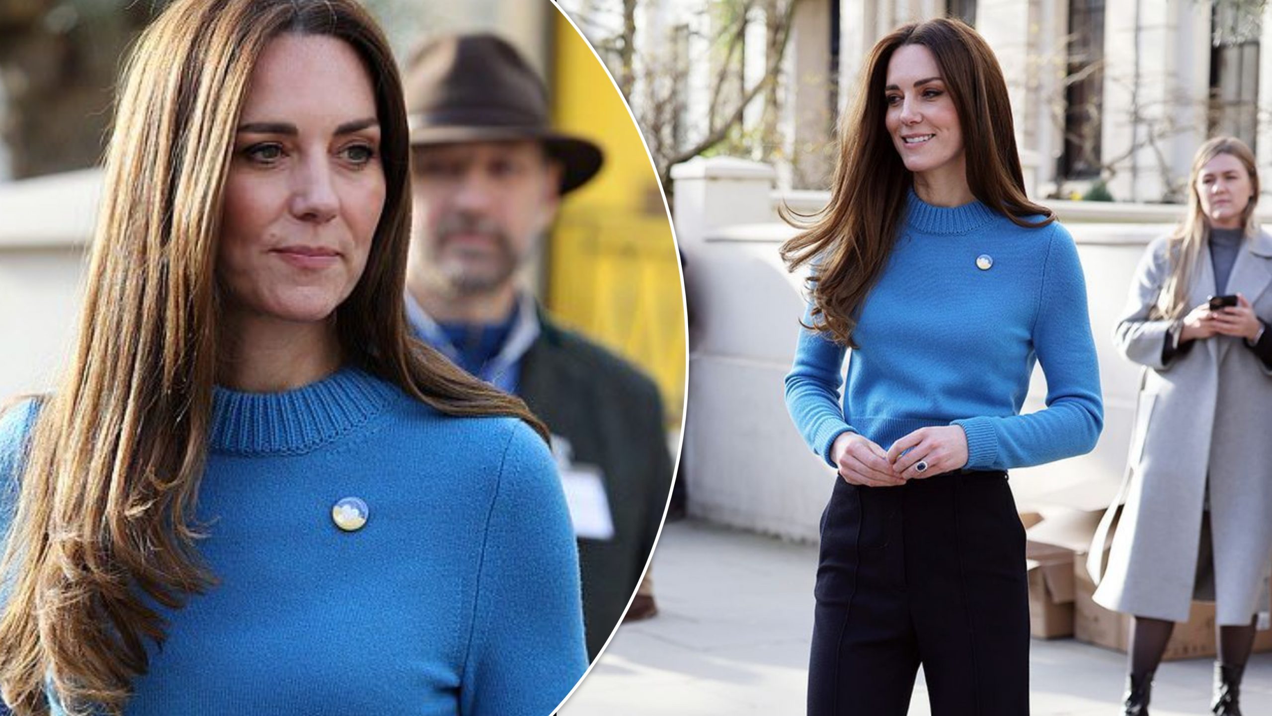 Kate Middleton mbështet Ukrainën e veshur me bluzën e kaltër nga Alexander McQueen dhe gjilpërën me flamur