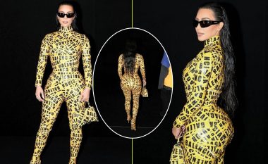 Kim Kardashian shfaq format me kostumin Balenciaga të bërë me shirit