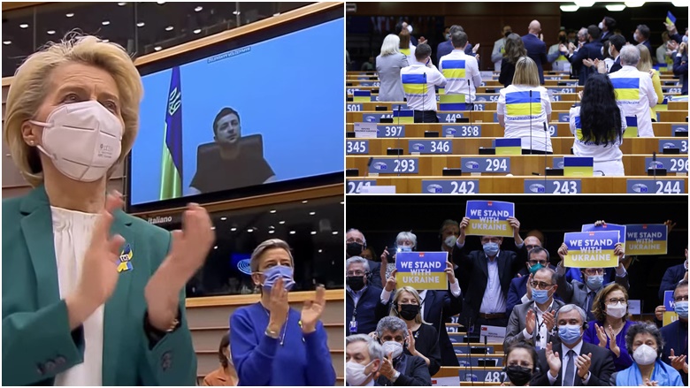 Ovacione për Ukrainën, Zelensky mban një fjalim emocionues nga Kiev derisa iu drejtua një sesioni të posaçëm të Parlamentit Evropian