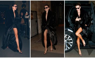 Hailey Bieber shfaqi këmbët e gjata me një pallto të zezë leshi gjatë Javës së Modës në Paris