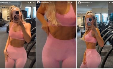 Khloe Kardashian vendos në pah barkun e saj ndërsa stërvitet me veshje rozë