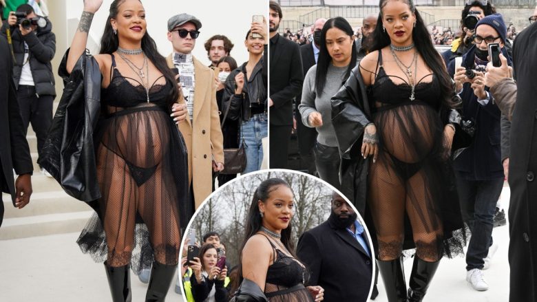 Rihanna ekspozon sërish barkun e rrumbullakosur – shfaqet në të brendshme dhe fustan rrjete në Javën e Modës në Paris