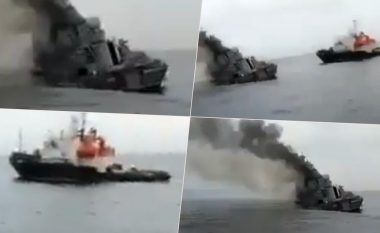 Publikohen pamjet që pretendohet se shfaqin luftanijen ruse Moskva të përfshirë nga zjarri dhe duke u fundosur