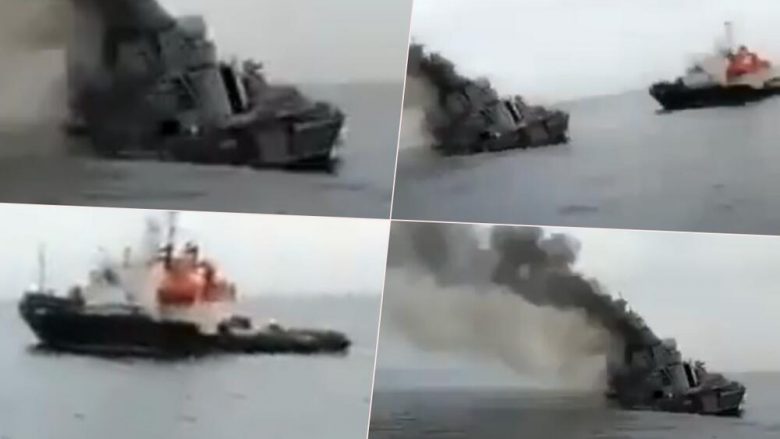 Publikohen pamjet që pretendohet se shfaqin luftanijen ruse Moskva të përfshirë nga zjarri dhe duke u fundosur