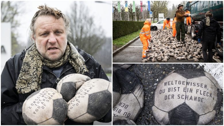 Protesta me 6500 ‘topa futbolli’ në trotuarin e selisë së FIFA-s për viktimat që vdiqën gjatë ndërtimit të stadiumeve