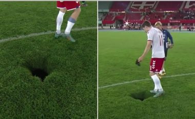 Mbyllet ndeshja – menjëherë shfaqet një gropë e madhe misterioze në mes të fushës, lojtari danez fut këmbën