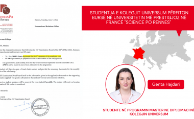 Në kuadër të bashkëpunimit me universitetin prestigjoz francez, studentja e kolegjit Universum përfiton bursë studimi në “Science Po Rennes”