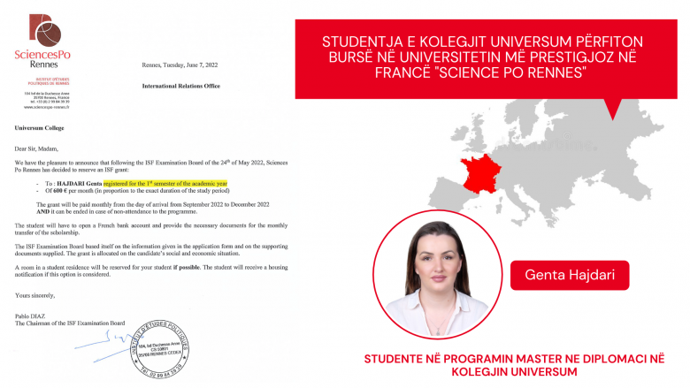 Në kuadër të bashkëpunimit me universitetin prestigjoz francez, studentja e kolegjit Universum përfiton bursë studimi në “Science Po Rennes”