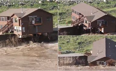 Një shtëpi e madhe shembet dhe përfundon duke notuar në lumë, pas përmbytjeve masive në Montana