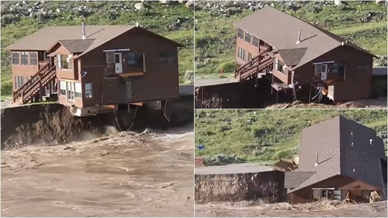Një shtëpi e madhe shembet dhe përfundon duke notuar në lumë, pas përmbytjeve masive në Montana