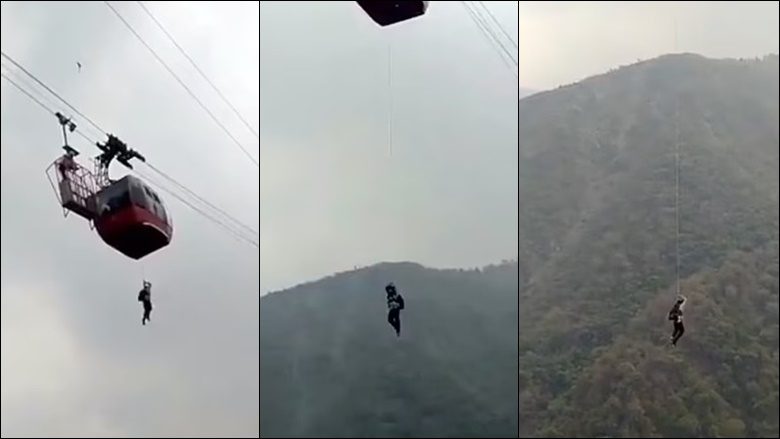 Turistët ngecën në teleferikun që u ‘bllokua’ dhjetëra metra mbi vargmalin indian – njëri guxoi të përdorte një litar për të ‘zbritur në tokë’