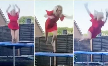 Me gjasë harroi se diçka mungonte, përpjekja e një gruaje për një “rrokullisje përpara” në trampolinë shkoi tmerrësisht keq