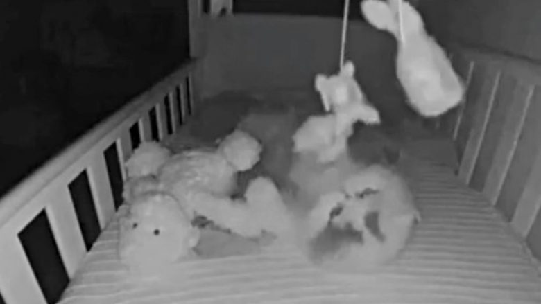 Macja hyn në krevatin e fëmijë dhe luan me lodra – videoja bëhet virale
