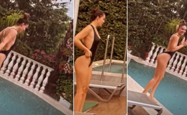 Xhensila Myrtezaj publikon video duke u larë nëpër shi, ndërsa vë në fokus figurën trupore