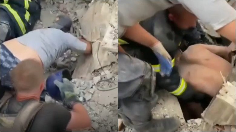 Ukraina e quan ‘sulm terrorist’ – momenti kur një burrë nxirret nga rrënojat e një ndërtese të goditur nga raketat ruse në Donetsk