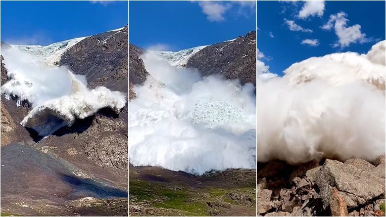 Një grup turistësh u përballen me një ortek akulli të shkaktuar nga një akullnajë që u ‘shemb’ në malet e Kirgistanit