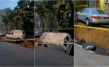 Një furgon ka rënë në gropën e krijuar në një rrugë të Nju Jorkut – një veturë tjetër rrezikonte gjithashtu