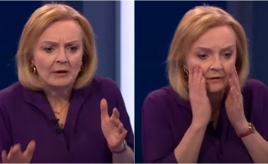 Reagimi i Liz Truss kur gazetares i bie të fikët, gjatë një debati ndërmjet dy kandidatëve për pasues të Boris Johnson