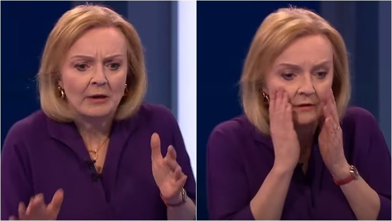 Reagimi i Liz Truss kur gazetares i bie të fikët, gjatë një debati ndërmjet dy kandidatëve për pasues të Boris Johnson